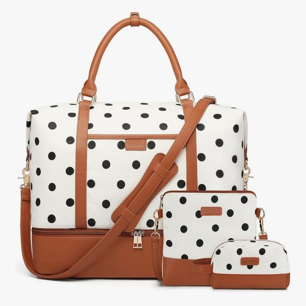 NWT Polka Dot Weekend Travel Bag Set in White & Brown